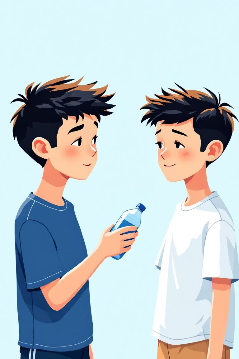 A boy offers a bottle of water to his friend